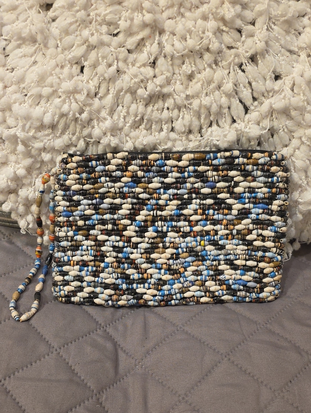 Handmade Paper Beaded Wristlet Clutch in Neutral, Brown & Blue